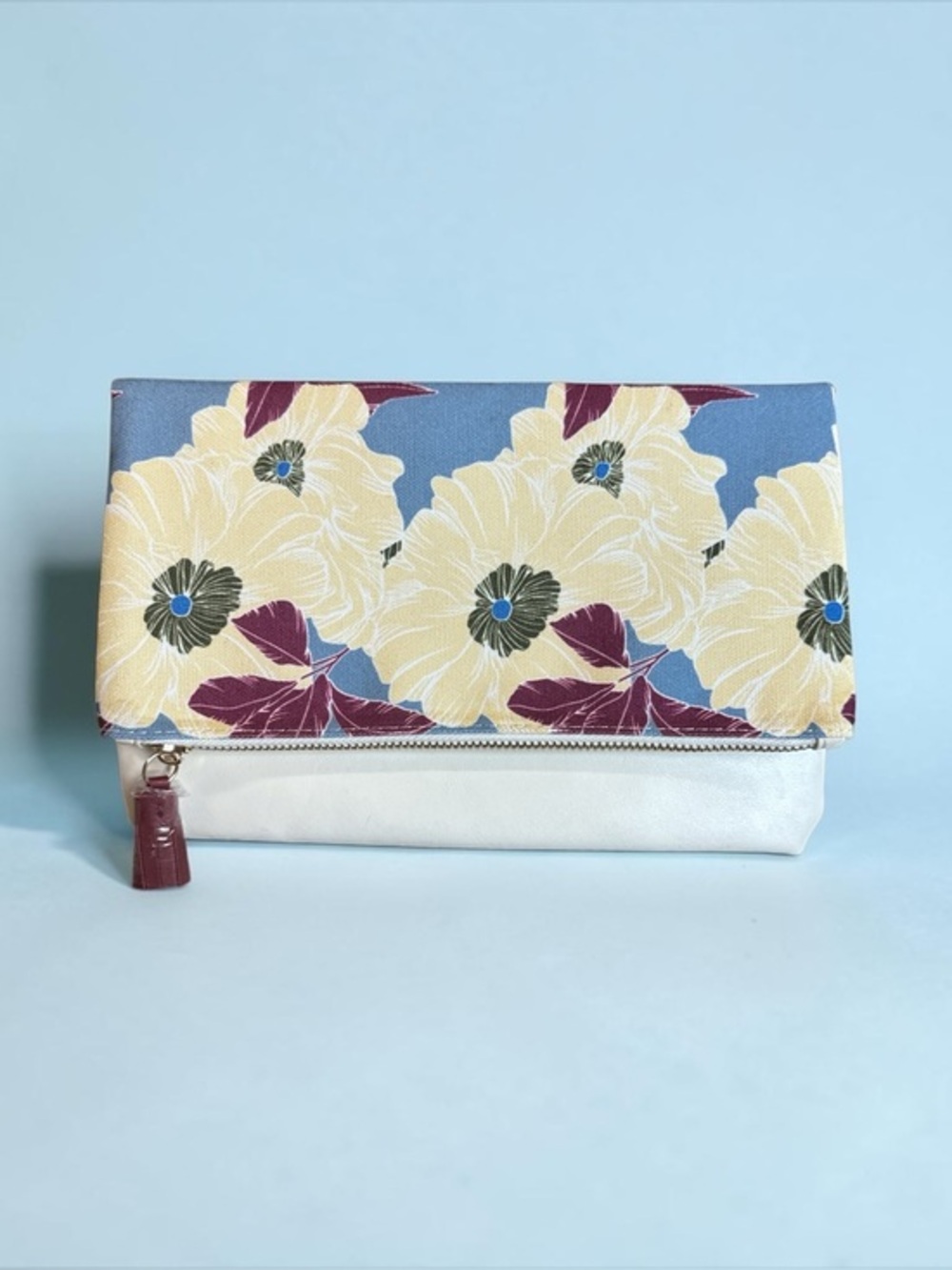 Floral Foldover Clutch Purse in Blue, Cream & Burgundy Cottage-core Going Out